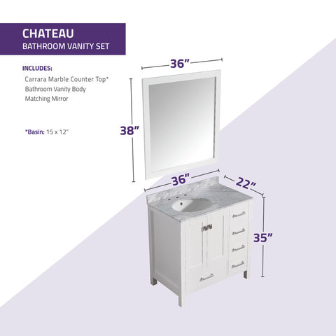 Chateau 36 in. W x 22 in. D Bathroom Bath Vanity Set with Carrara Marble Top with White Sink
