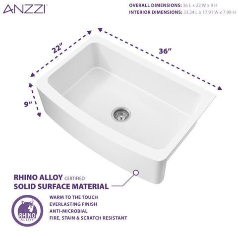 ANZZI Prisma Series Farmhouse Solid Surface 36 in. 0-Hole Single Bowl Kitchen Sink with 1 Strainer