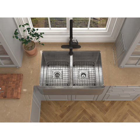 Bengal Farmhouse Handmade Copper 33 in. 50/50 Double Bowl Kitchen Sink in Hammered Nickel