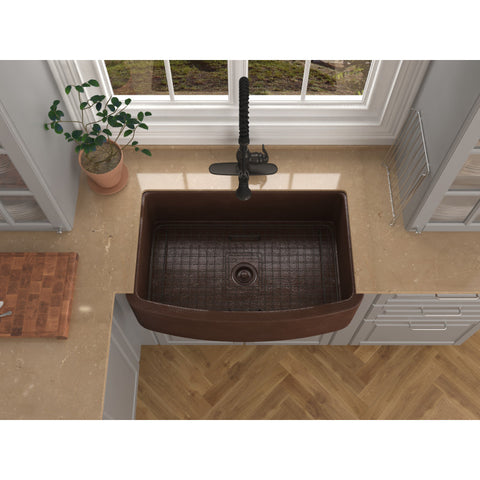 Pieria Farmhouse Handmade Copper 33 in. 0-Hole Single Bowl Kitchen Sink in Hammered Antique Copper