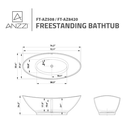 ANZZI 74 in. x 34 in. Freestanding Soaking Tub with Flatbottom - Masoko Series