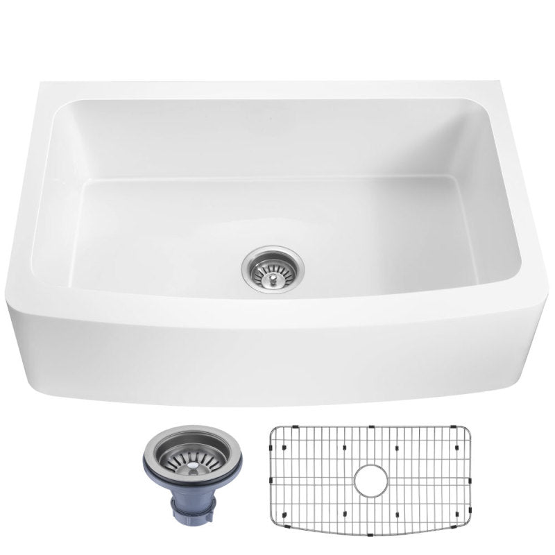 Anzzi K-AZ273-A1 Prisma Series Farmhouse Solid Surface 36 in. 0-Hole Single Bowl Kitchen Sink with 1 Strainer in Matte White