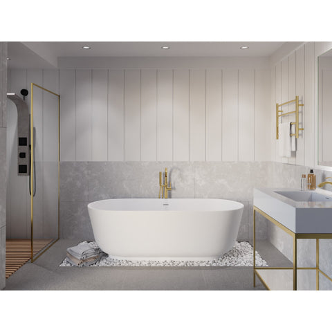 FT-AZ8402 - ANZZI Badi Series 71 in. x 32 in. Flat Bottom Solid Surface Freestanding Soaking Bathtub with Center Drain in Matte White