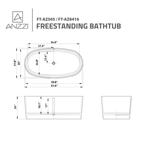 ANZZI 62 in. x 32 in. Freestanding Soaking Tub with Flatbottom - Bellentin Series