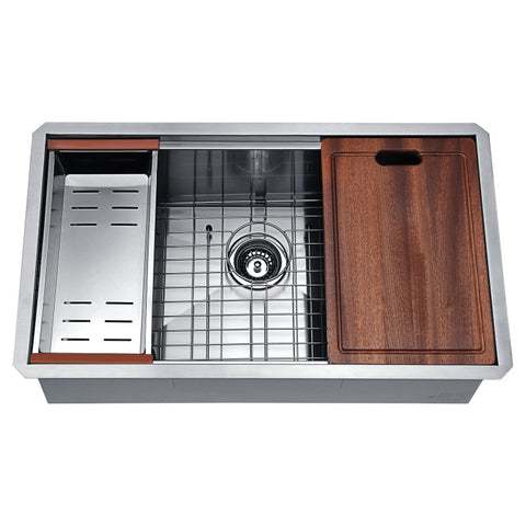 Aegis Undermount Stainless Steel 32.75 in. 0-Hole Single Bowl Kitchen Sink with Cutting Board and Colander