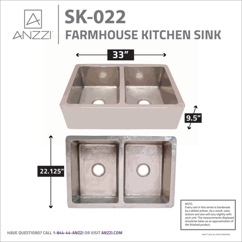 Bengal Farmhouse Handmade Copper 33 in. 50/50 Double Bowl Kitchen Sink in Hammered Nickel