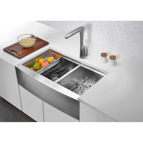 ANZZI Aegis Farmhouse Stainless Steel 33 in. 0-Hole 60/40 Double Bowl Kitchen Sink with Cutting Board and Colander