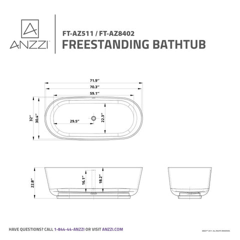 ANZZI 71 in. x 32 in. Freestanding Soaking Tub with Flatbottom - Badi Series