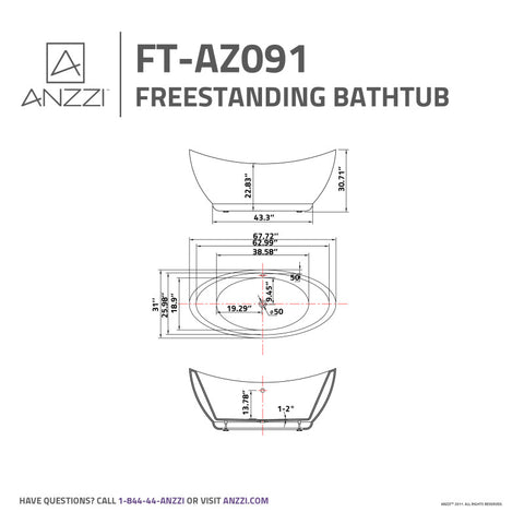 ANZZI 68 in. x 31 in. Freestanding Soaking Tub with Flatbottom - Reginald Series