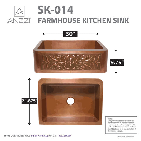 ANZZI Florina Farmhouse Handmade Copper 30 in. 0-Hole Single Bowl Kitchen Sink with Flower Design Panel in Polished Antique Copper