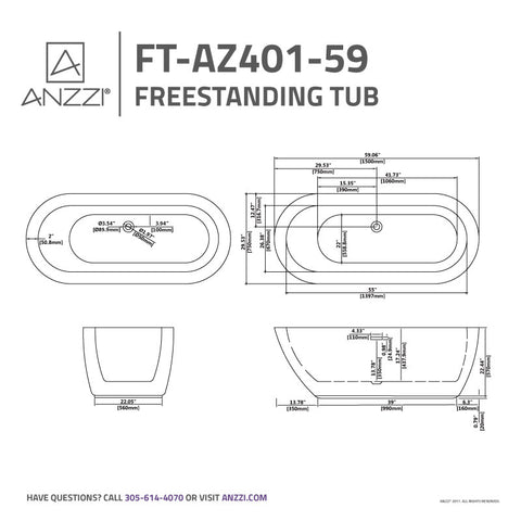 ANZZI 59 in. x 30 in. Freestanding Soaking Tub with Flatbottom - Ami Series