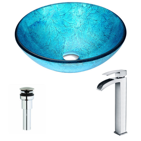 LSAZ047-097 - ANZZI Accent Series Deco-Glass Vessel Sink in Blue Ice with Key Faucet in Polished Chrome