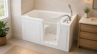 Walk-in tub installed in a modern bathroom with a low entry, built-in seat, grab bar, handheld shower, and accessible controls.