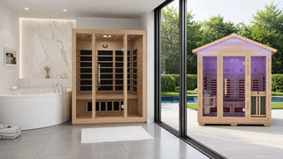 Indoor home sauna in a modern wellness room with an outdoor-rated sauna installed in a landscaped backyard.