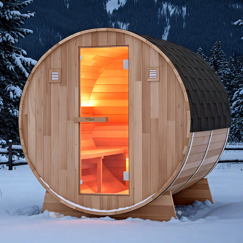 4-6-Person Outdoor Barrel Wet Sauna in White Cedar with ETL-Certified 6.2kW Sauna Rock Heater, and Bitumen Shingle Roof