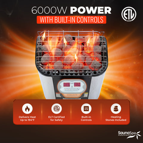 4-6-Person Outdoor Barrel Wet Sauna in White Cedar with ETL-Certified 6.2kW Sauna Rock Heater, and Bitumen Shingle Roof