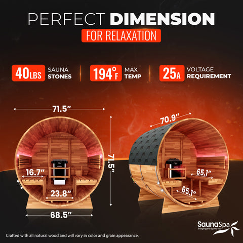 4-6-Person Outdoor Barrel Wet Sauna in White Cedar with ETL-Certified 6.2kW Sauna Rock Heater, and Bitumen Shingle Roof