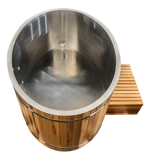 Luxury Cedar Oval Cold Plunge Tub with Stainless Steel Interior, Dual Covers, Easy Drainage, Steps & Headrest Included