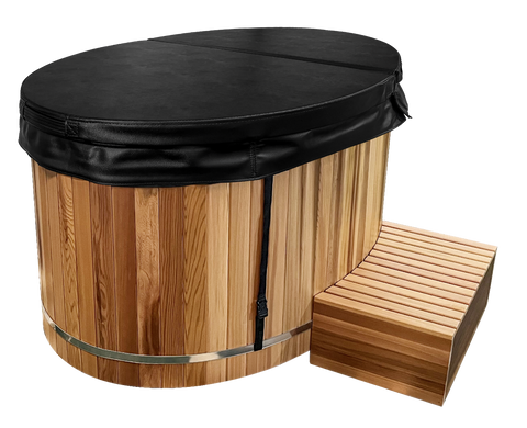 Luxury Cedar Oval Cold Plunge Tub with Stainless Steel Interior, Dual Covers, Easy Drainage, Steps & Headrest Included