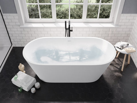 ANZZI Roccia 5.1 ft. Solid Surface Center Drain Freestanding Bathtub in Matte White