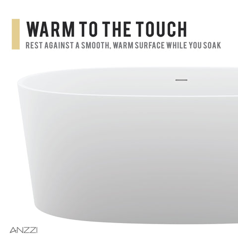 ANZZI Roccia 5.1 ft. Solid Surface Center Drain Freestanding Bathtub in Matte White