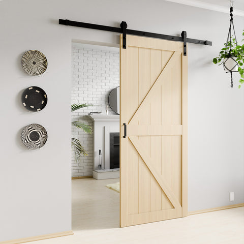 ANZZI Mammoth Series 36 in. x 84 in. All Natural Finish MDF Interior Sliding Barn Door with Hardware Kit in Matte Black