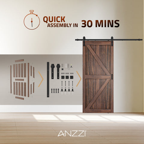 ANZZI Skocjan Series 36 in. x 84 in. Rustic Wood Finish MDF Interior Sliding Barn Door with Hardware Kit in Matte Black