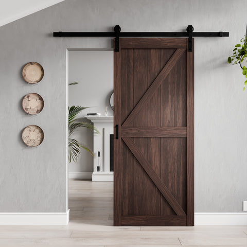 ANZZI Skocjan Series 36 in. x 84 in. Rustic Wood Finish MDF Interior Sliding Barn Door with Hardware Kit in Matte Black