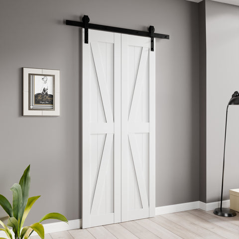 ANZZI Waitomo Series 18 in. x 84 in. Pure White Finish MDF Interior Folding Barn Door with Hardware Kit in Matte Black