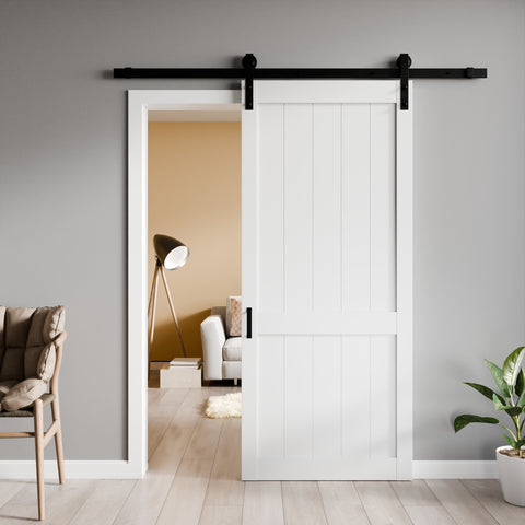 ANZZI Benagil Series 36 in. x 84 in. Pure White Finish MDF Interior Sliding Barn Door with Hardware Kit in Matte Black