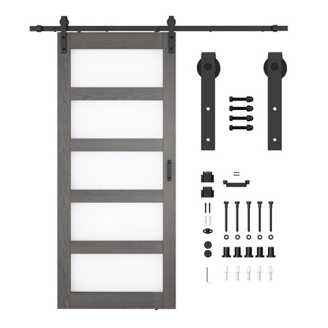 ANZZI Frasassi Series 36 in. x 84 in. Light Wood MDF Interior Sliding Barn Door with Frosted Glass and Hardware Kit in Matte Black