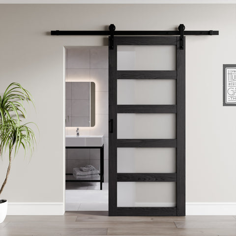 ANZZI Frasassi Series 36 in. x 84 in. Light Wood MDF Interior Sliding Barn Door with Frosted Glass and Hardware Kit in Matte Black