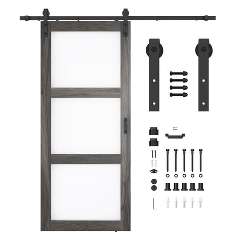 ANZZI Sonora Series 36 in. x 84 in. Dark Gray MDF Interior Sliding Barn Door with Frosted Glass and Hardware Kit in Matte Black