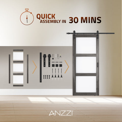 ANZZI Sonora Series 36 in. x 84 in. Dark Gray MDF Interior Sliding Barn Door with Frosted Glass and Hardware Kit in Matte Black