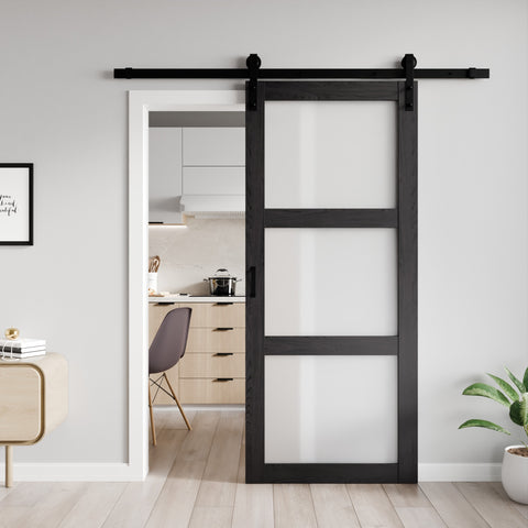 ANZZI Sonora Series 36 in. x 84 in. Dark Gray MDF Interior Sliding Barn Door with Frosted Glass and Hardware Kit in Matte Black