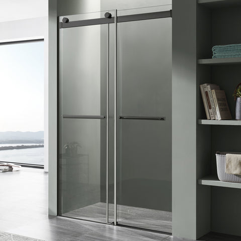 48 in. x 76 in. Frameless Sliding Shower Door with Horizontal Handle in Matte Black