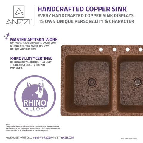 ANZZI Elen Drop-in Handmade Copper 33 in. 4-Hole 50/50 Double Bowl Kitchen Sink in Hammered Antique Copper