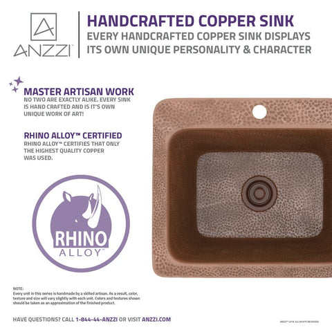 ANZZI Manisa Drop-in Handmade Copper 18 in. 1-Hole Single Bowl Kitchen Sink in Hammered Antique Copper