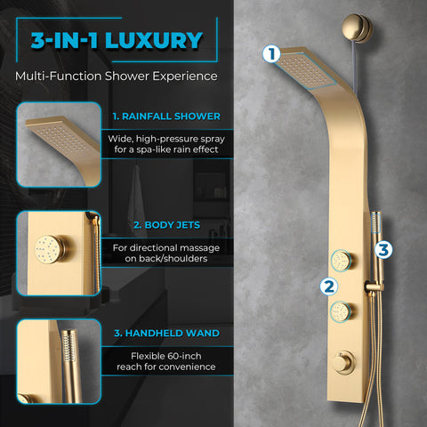 Cici Series 39 in. 2-Jetted Shower Tower with Heavy Rain Showerhead and Spray Wand, Full Body Shower System in Gold