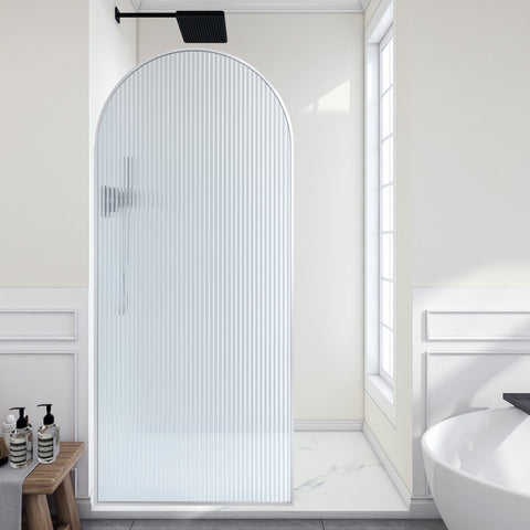 Ember Series 78 in. x 34 in. Framed Arch Fixed Shower Screen Door in Brushed Nickel with 8mm Tempered Fluted Glass