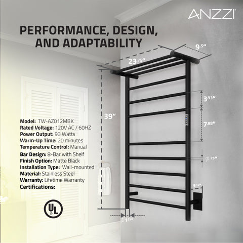 ANZZI Eve 8-Bar Stainless Steel Wall Mounted Electric Towel Warmer Rack