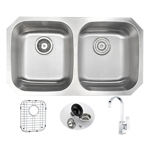 ANZZI MOORE Undermount 32 in. Double Bowl Kitchen Sink with Opus Faucet in Polished Chrome