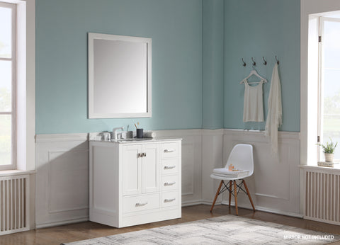 Chateau 36 in. W x 35 in. H Bath Vanity in Rich White with Carrara White Marble Vanity Top in Carrara White with White Basin