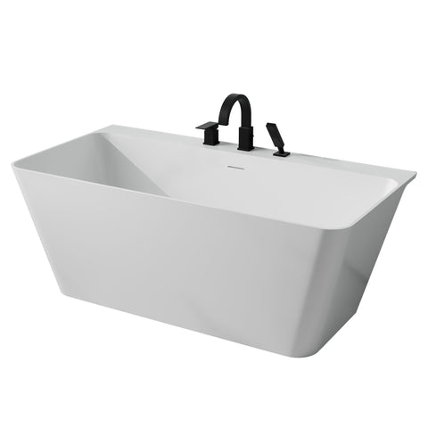 Vault Series 59 in. x 30 in. Flat Bottom Acrylic Freestanding Soaking Bathtub with Center Drain, Matte Black Faucet