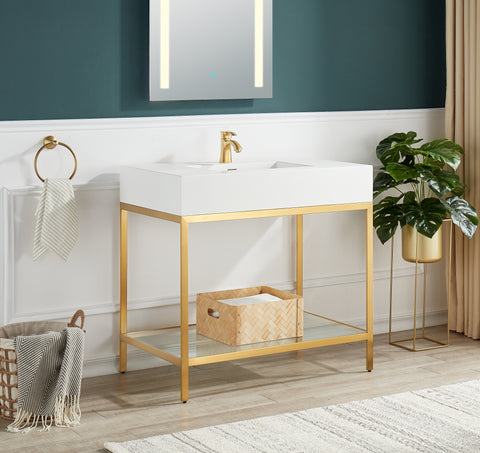 ANZZI Ventura 36" Console Sink (36" W x 28" H), Gel-Coated Resin Countertop, Stainless Steel Frame, Integrated Sink & Tempered Glass Shelf