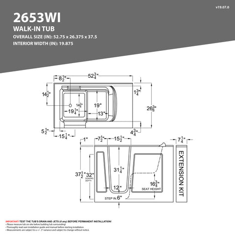 53 - 60 in. x 26 in. Right Drain Whirlpool Jetted Walk-in Tub in White