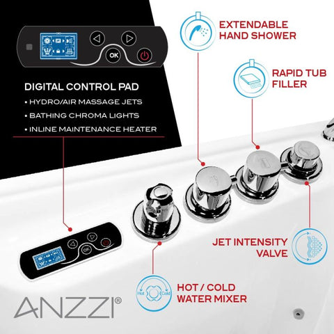 ANZZI Left Drain FULLY LOADED Walk-in Bathtub with Air Jets and Whirlpool Massage Jets Hot Tub | Quick Fill Waterfall Tub Filler with 6 Setting Handheld Shower Sprayer | Including Aromatherapy, LED Lights, V-Shaped Back Jets, and Auto Drain | 2753FLWL