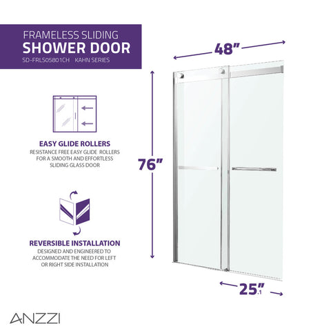 ANZZI Kahn Series 48 in. x 76 in. Frameless Sliding Shower Door with Horizontal Handle