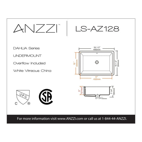 ANZZI Dahlia Series 19.5 in. Ceramic Undermount Sink Basin in White