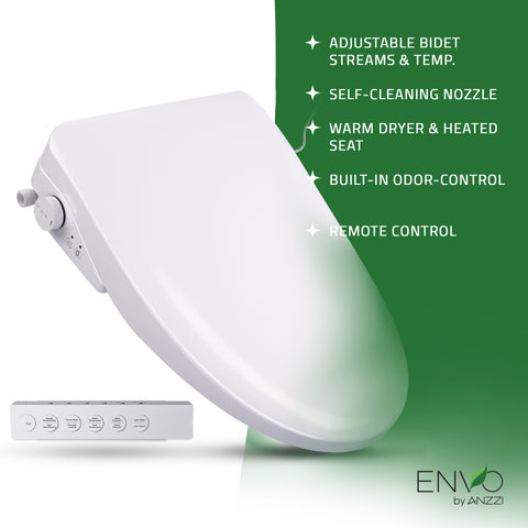 Electric Bidet Seat with Heated Seat, Warm Water, Rear and Lady Wash, Air Dryer, Self Cleaning Nozzle, and Wireless Remote